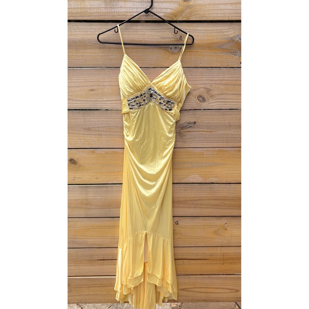 My Michelle Yellow Rhinestone Ruched High Low Evening Gown Dress Medium USA
